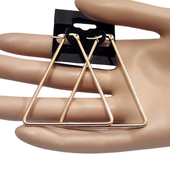 Triangle Thin Tube Hoop Pierced Post Stud Earrings Gold Tone 2 1/8" 55mm Open Lo - Picture 7 of 9